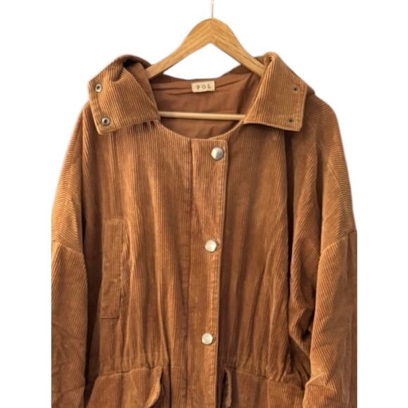 POL Corduroy jacket Oversized Hooded Button Down Trench Coat Tan Western Utility - Picture 6 of 7